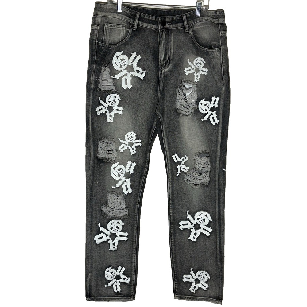 Men's Distressed Graphic Patch Ripped Slim Fit Denim Jeans‎ Size 36x31  Gray